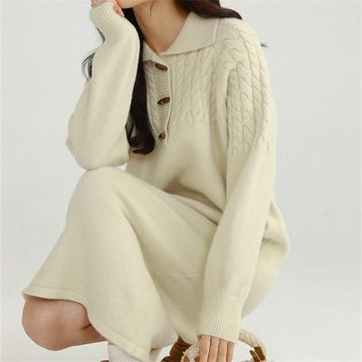 Women's Elegant Twisted Knit Sweater Dress - Petite, Versatile, Slimming, and Thickened for Autumn/Winter.
