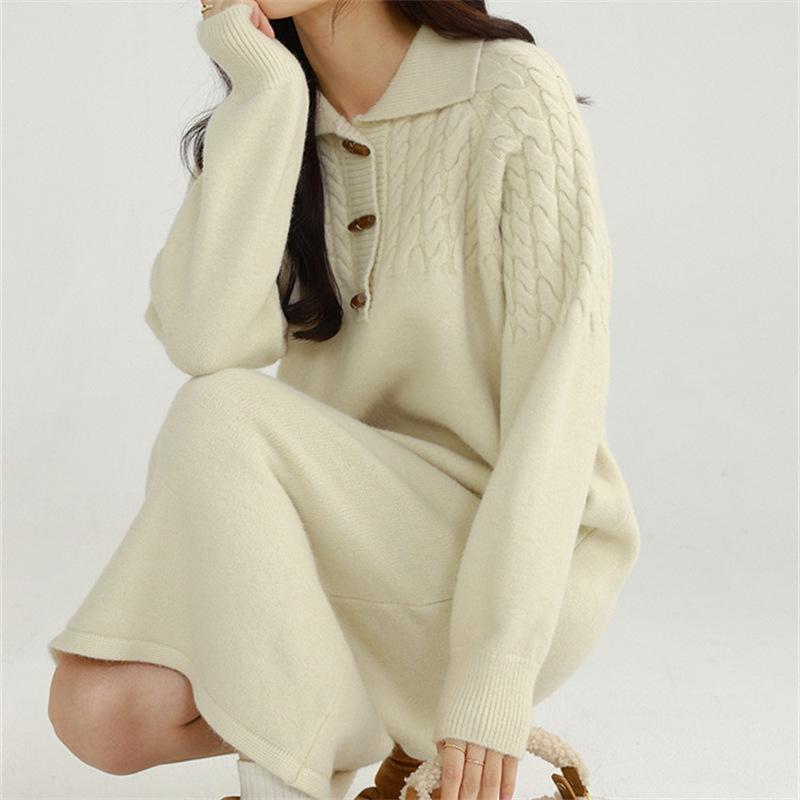 Women's Elegant Twisted Knit Sweater Dress - Petite, Versatile, Slimming, and Thickened for Autumn/Winter.