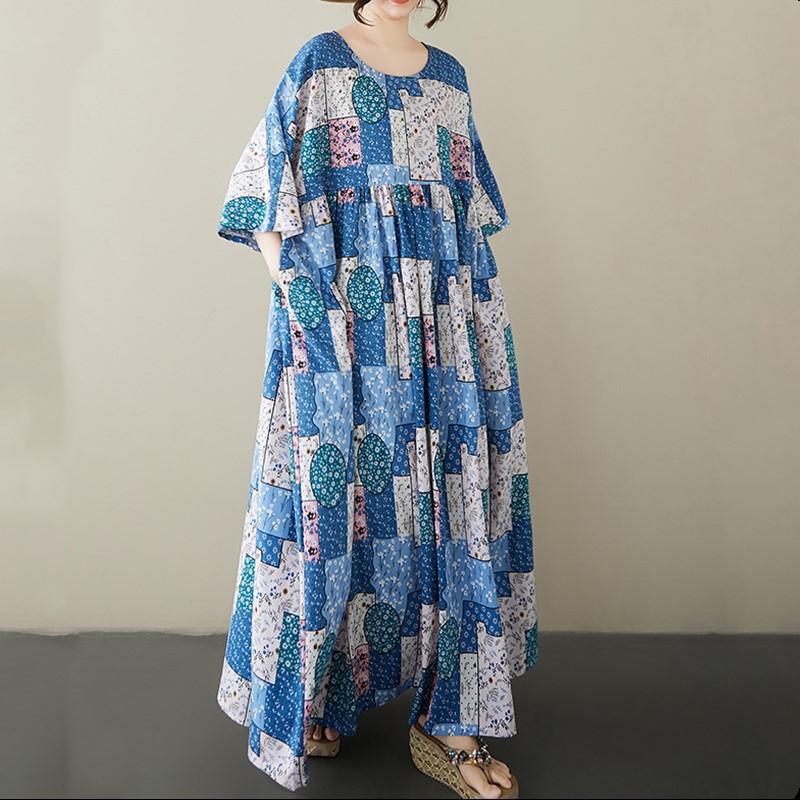 Short Sleeve Plus Size Cotton Vintage Floral New In Dresses for Women Casual Loose Long Summer Dress