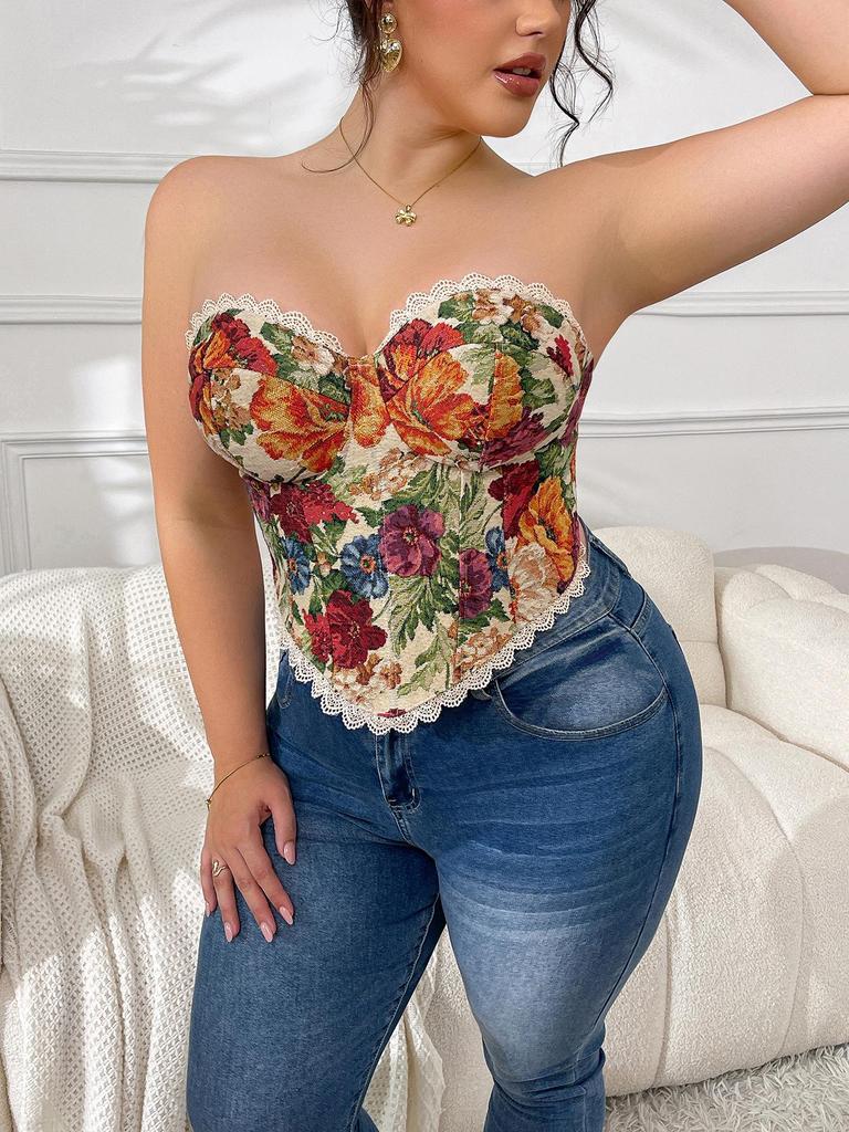 Plus Size Retro French Fishbone Corset: Sexy Lace-Up European & American Floral Bustier Top for Women