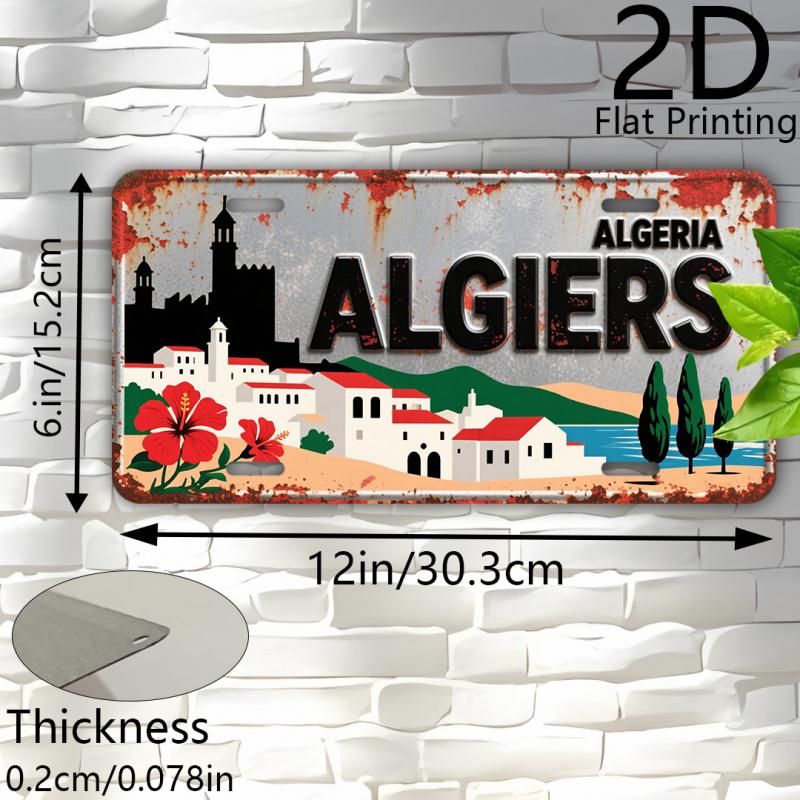 2D Flat, 1pc Vintage Algerian City Sign - Retro Travel Poster style with Algiers Landmarks (Casbah, Harbor, Mountains)