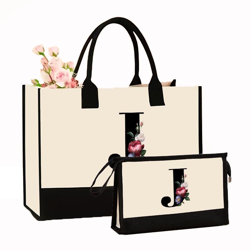 Canvas Shoulder Bag Makeup Set with Color Block Print & Portable Zipper Clutch