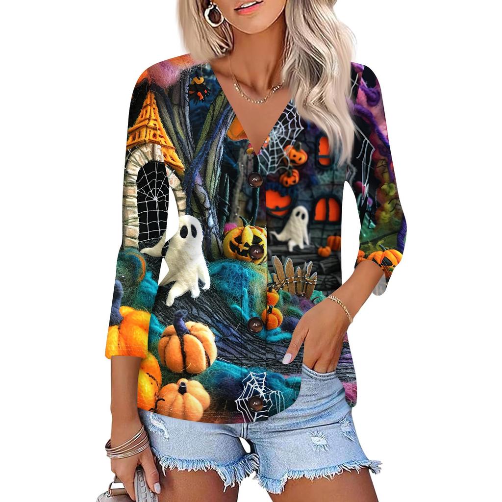 Damenmode Lässiges bedrucktes Button-Down-Hemd 3/4 lange Ärmel Oberteile