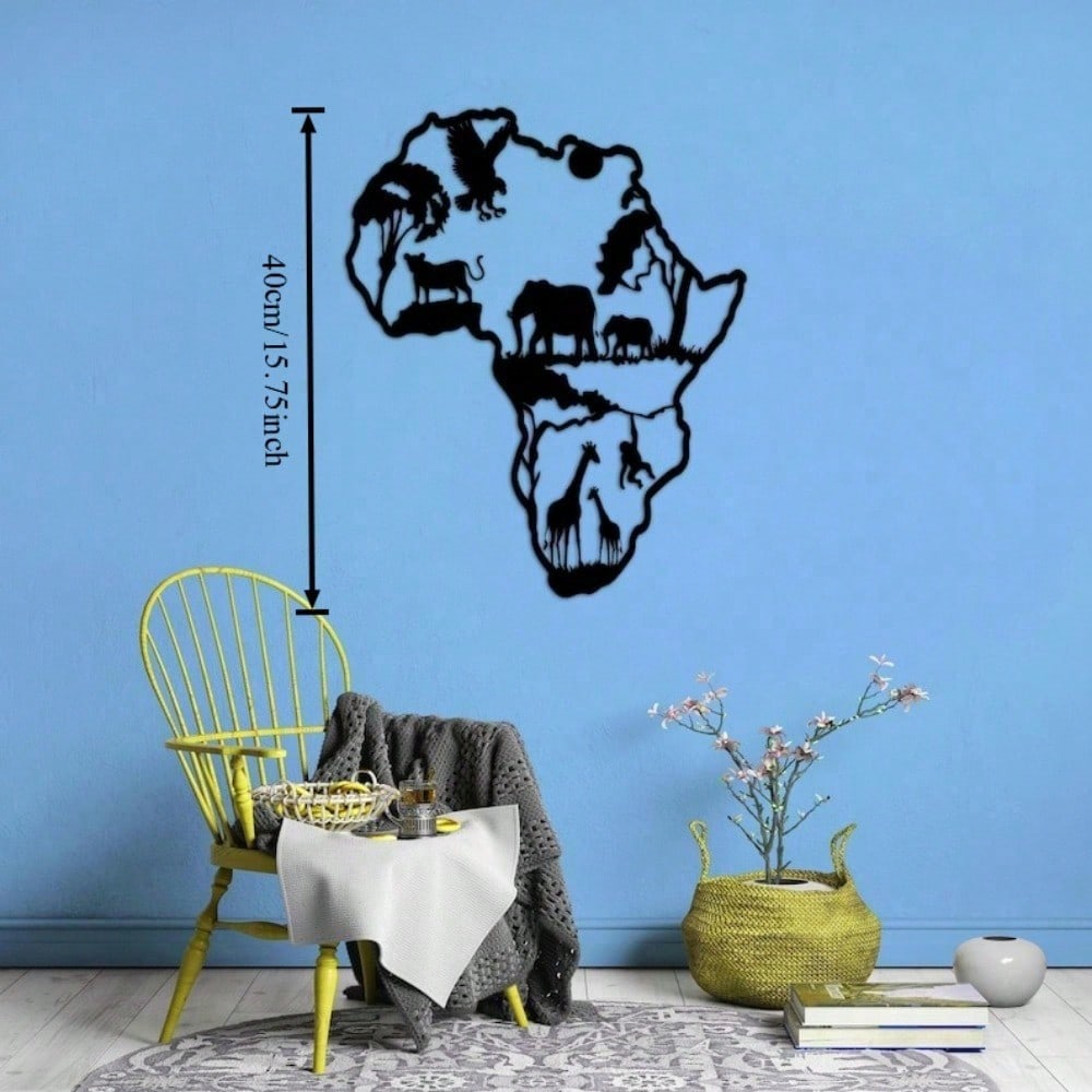 Black Africa Map Metal Wall Art, Wildlife Silhouette Sculpture with Rotating Hook, Unique Home Decor & Gift