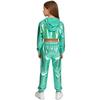 Mädchen Langarm-Hoodie mit asymmetrischem Saum, Metallic-Schnitt, Hip-Hop-Jazz-Set, Spaghettiträger-Top und glänzender Hose