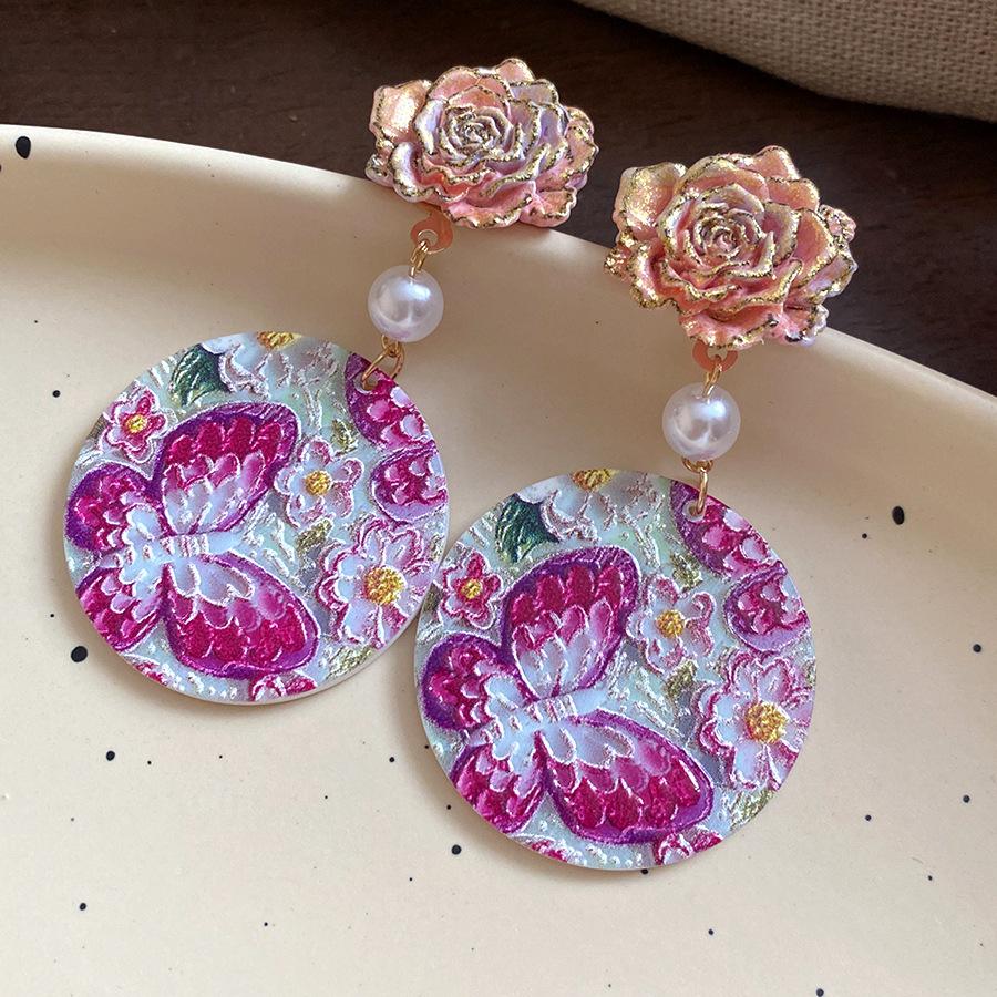 

Silver needle printing round flower butterfly pendant earrings fresh and sweet temperament earrings light luxury high-end earrings women