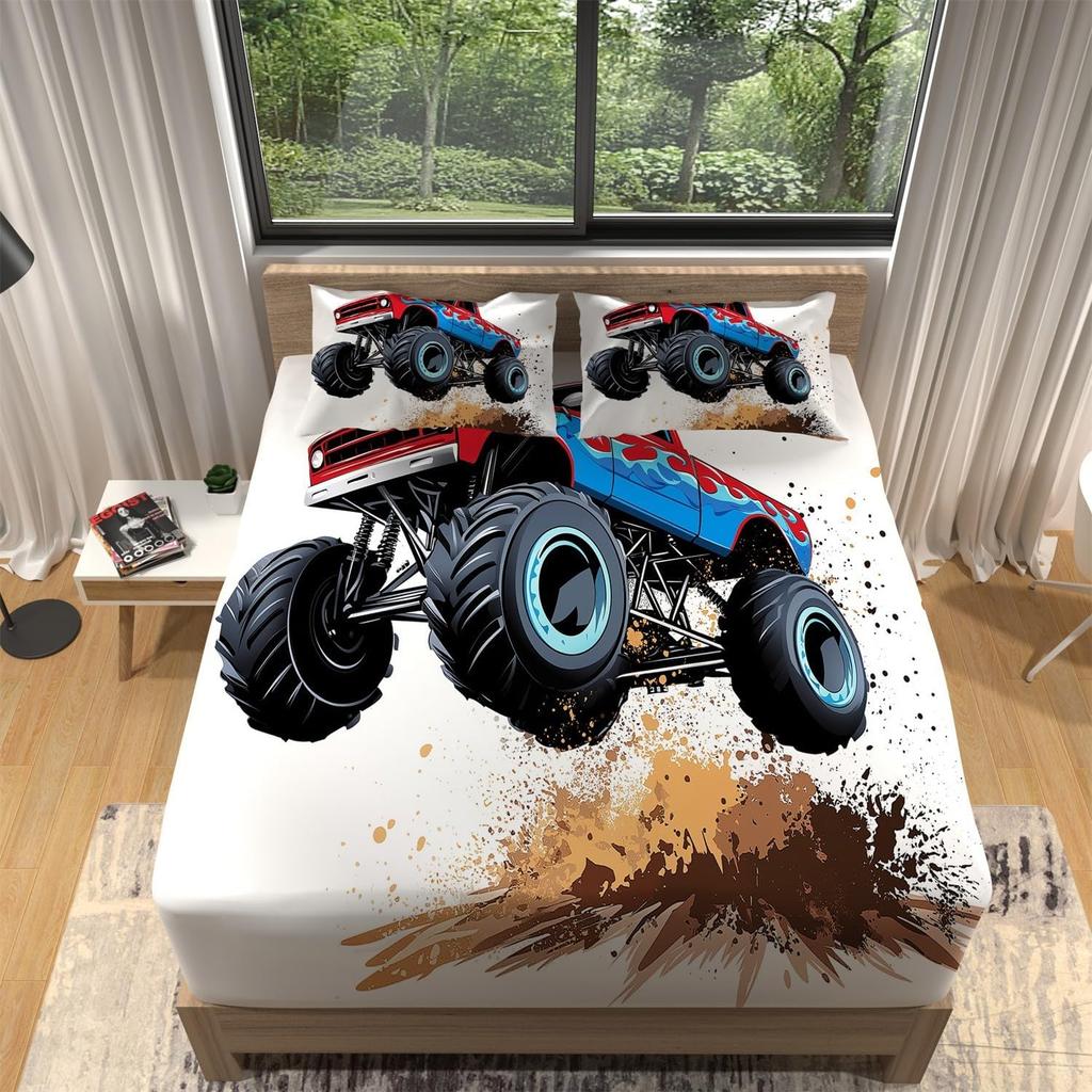 Cartoon Truck Fitted Sheet Set, Monster Truck Kids Bed Sheet Set for Room Decor for Boys Teens,1 Fitted Sheet and 1/2Pillowcase