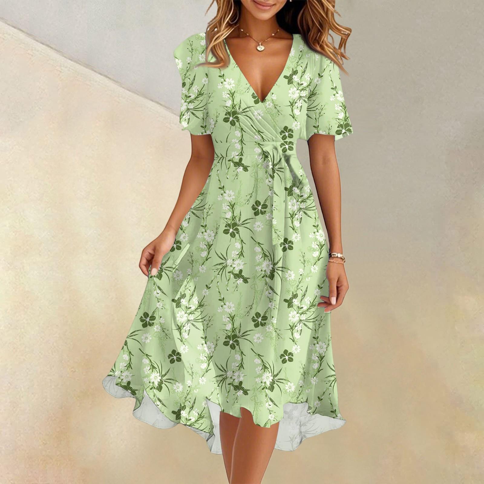 

Жіноча літня мода V-подібним вирізом розкльошені сукні з короткими рукавами квіткові сукні M світло-зелений колір