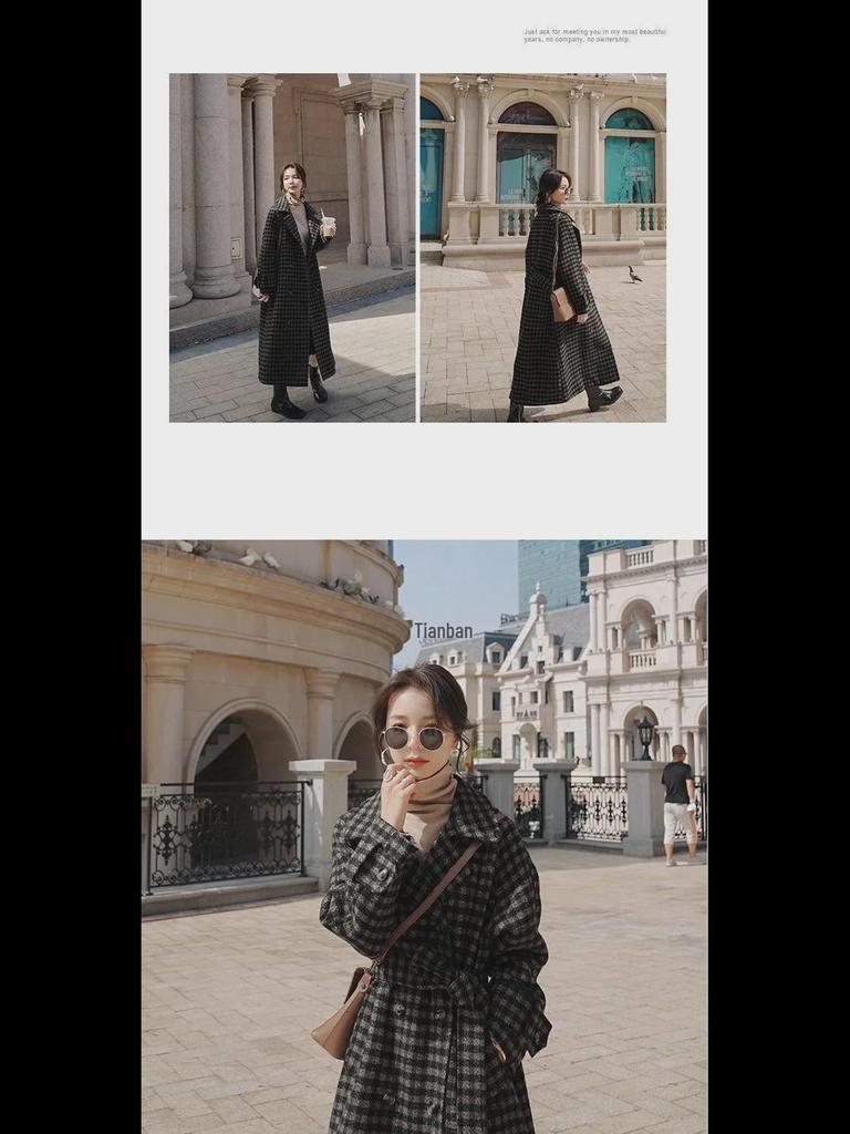 Women's 2024 Plaid Woolen Coat: Korean Style, Mid-Length, Slim Waist with Pockets, Thick for Winter