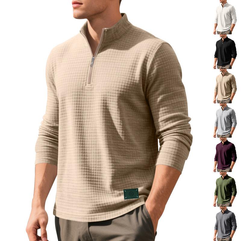 Spring/Autumn Minimalist Casual Men's Loose-Fit Jacquard Stand-Up Collar Half-Zip Base Layer Sweatshirt