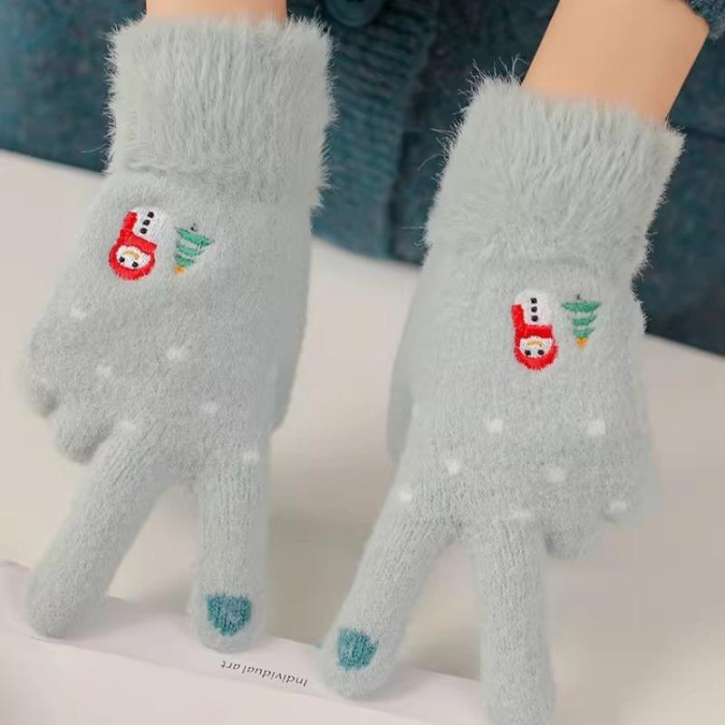 Touch screen gloves women's autumn and winter cute knitted cartoon plush thickened wool finger gloves winter riding warm