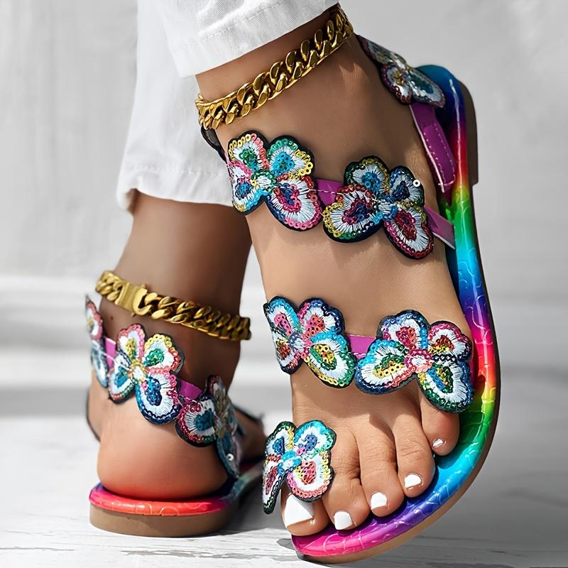 Flower Ladies Sandals Set Toe Rivet Flat Women's Shoes Vacation Plus Size Shoes