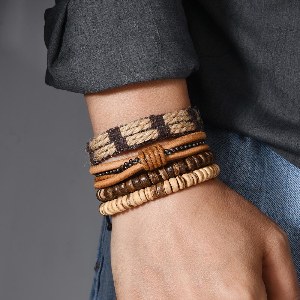 Minimalistisches Retro DIY Armband-Set: Europäischer & Amerikanischer Stil mit gewebtem Leder, Kokosschale, Hanfseil & Echtleder für Herren