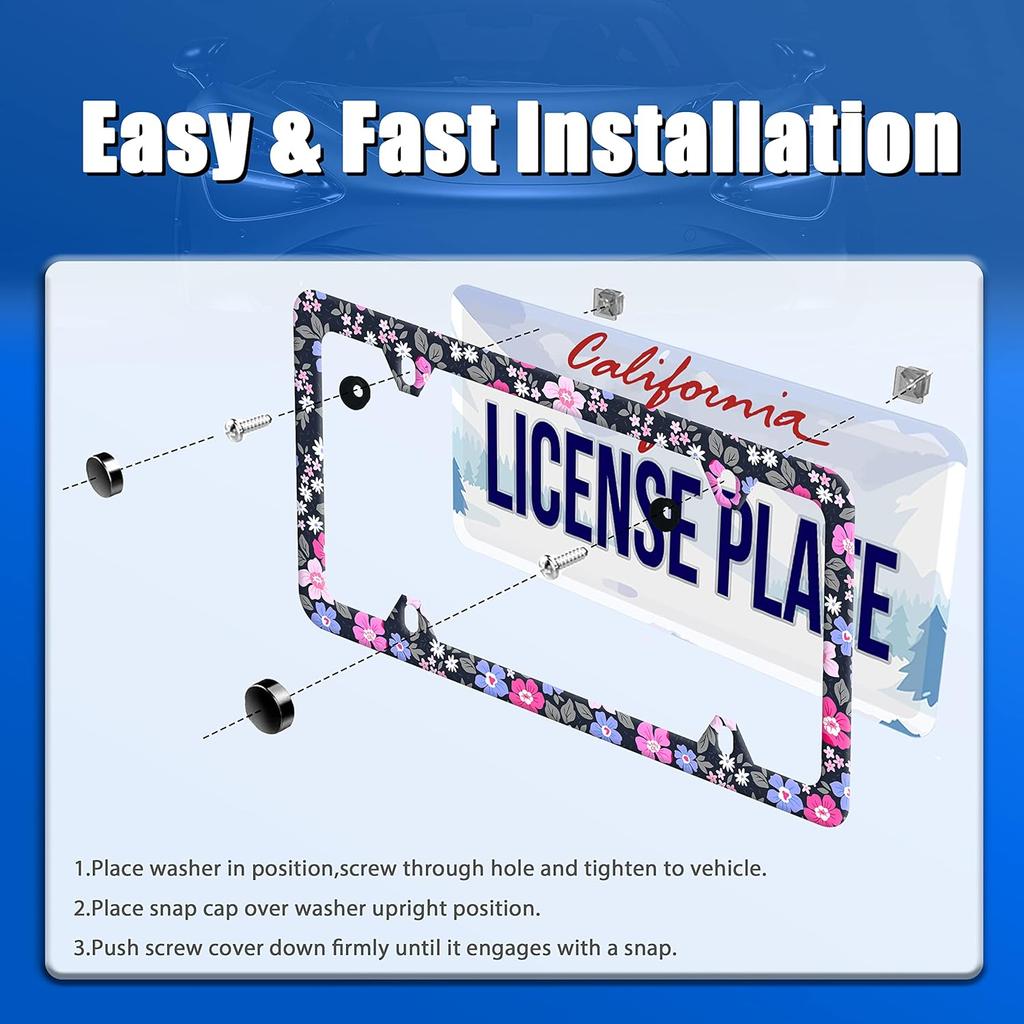 Watercolor Purple And Pink Hibiscus Flowers License Plate Frame License Plate Stainless Steel Parts Colorful License Plate Decorative With Screws