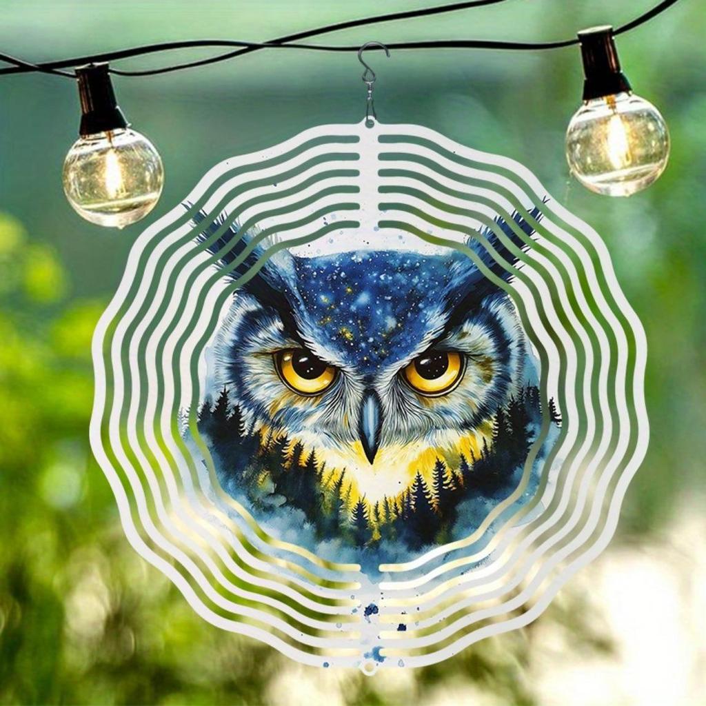 Metal Owl Wind Chime Outdoor Garden Decor with Starry Night Sky Pine Trees Snowflakes Design for Patio Porch Holiday Christmas Decoration