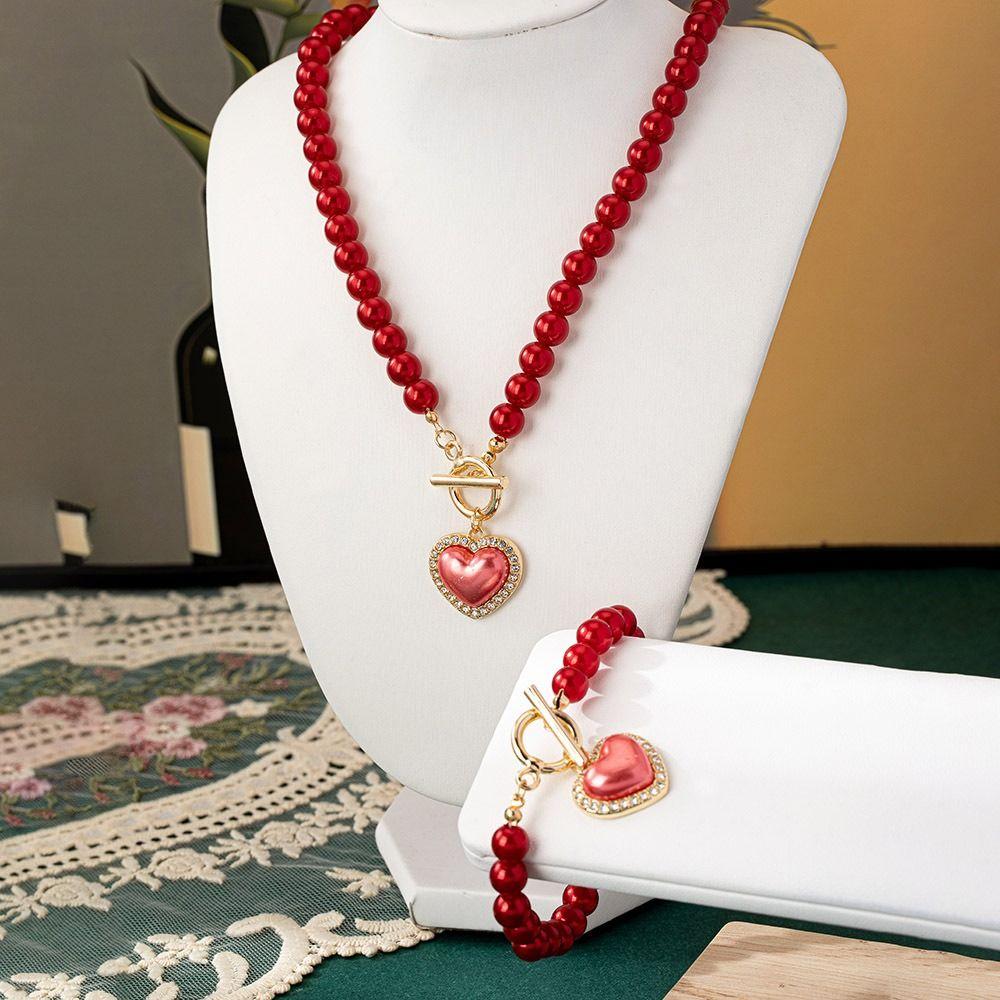 Beaded Heart Pendant Jewelry Set Crystal Pearl Necklace Set Necklace Bracelet Set  Wedding Party