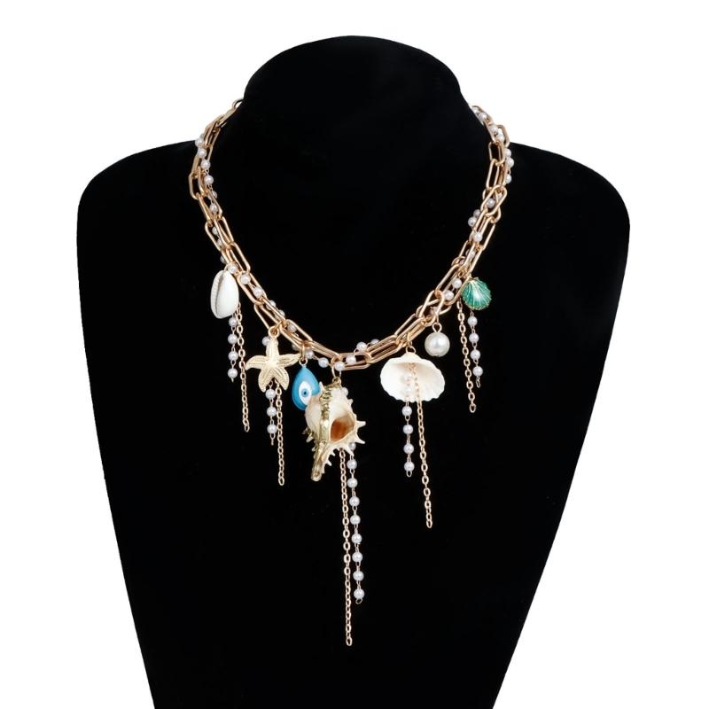 Trendy Ocean Inspired Tassels Shell Pendant Necklace Lightweight Alloy Layering Chain Casual Beach Neck Jewelry