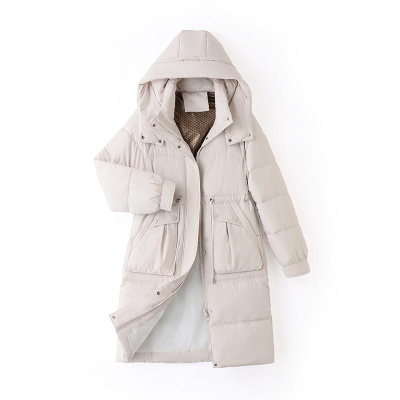 Casaco de Algodão de Pena Feminino Longo Inverno Espessado Acima do Joelho Solto com Capuz