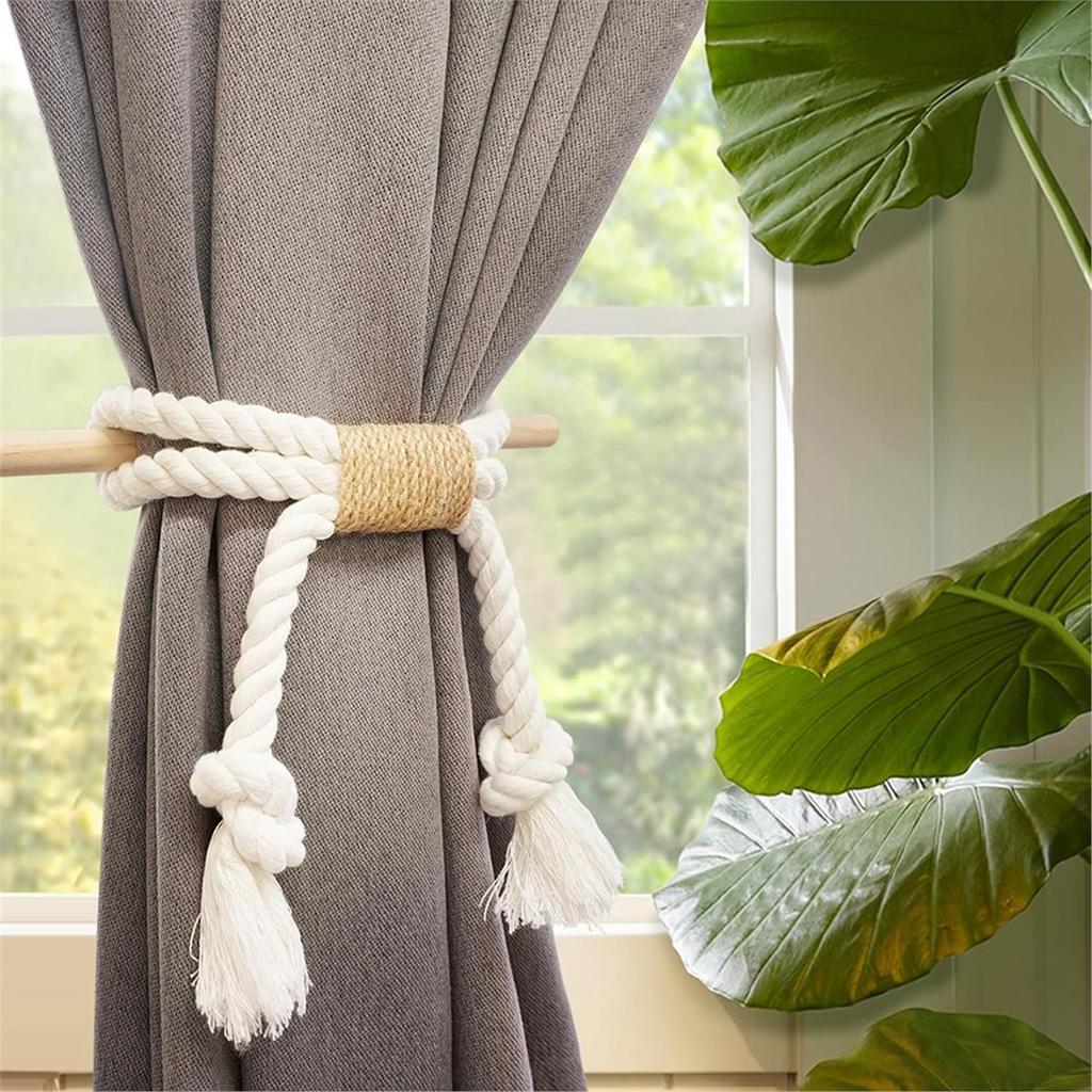 Curtain Tie Backs, Natural Cotton Linen Rope Drapery Holdbacks Curtain Accessories for Rustic Home,No Drilling Install