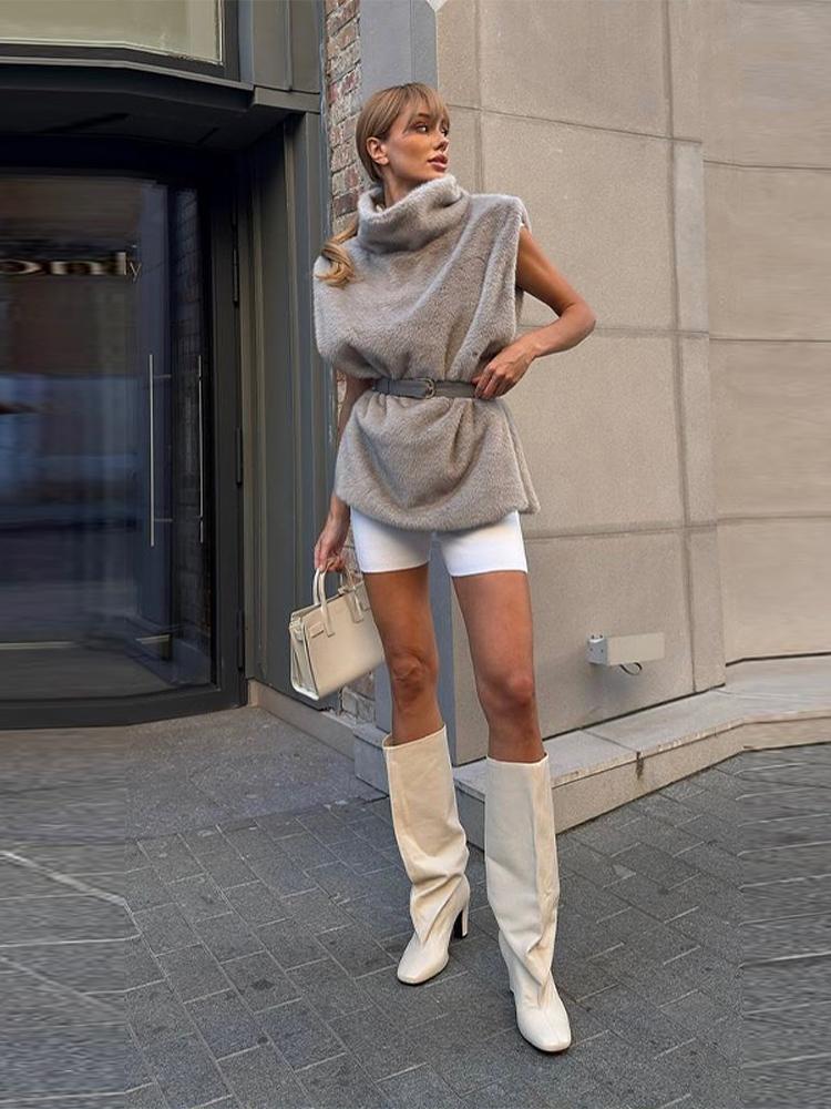 Gilet sans manches ample en fausse fourrure à col montant pour femme