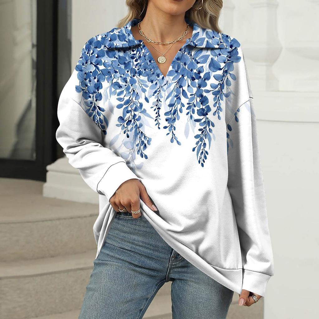 Women's Summer Fashion Casual  Printed V-Neck Long Sleeve Shirt Top