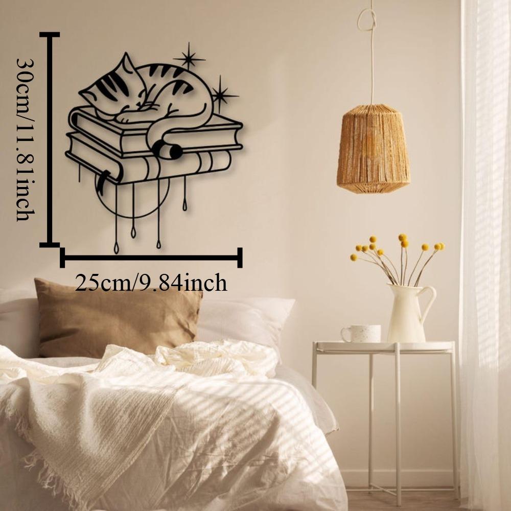 Sleeping Cat on Books Metal Wall Art Cat Lover Home Decor Cozy Reading Nook Sign Minimalist Feline Silhouette 12in чёрный
