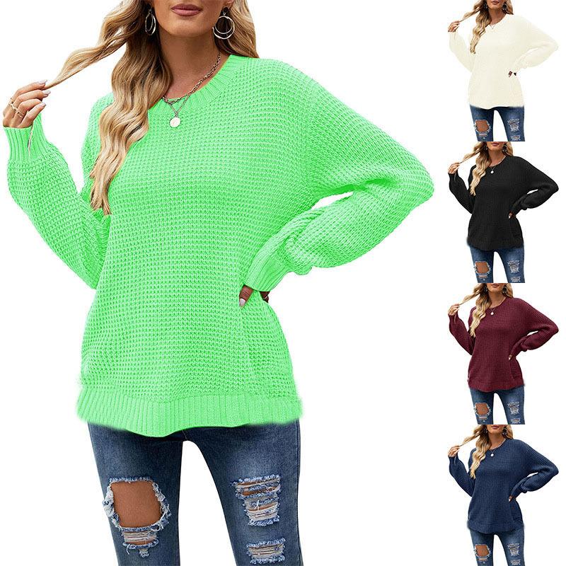 Autumn Winter Casual Round Neck Waffle Weave Long Sleeve Loose Fit Solid Colour Pullover Knit Sweater for Women Luxurious Relaxed Versatile Top