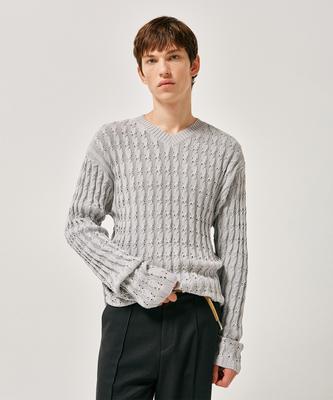 LABELARCHIVE Tobi Cable V-Neck Sweater Cement Gray