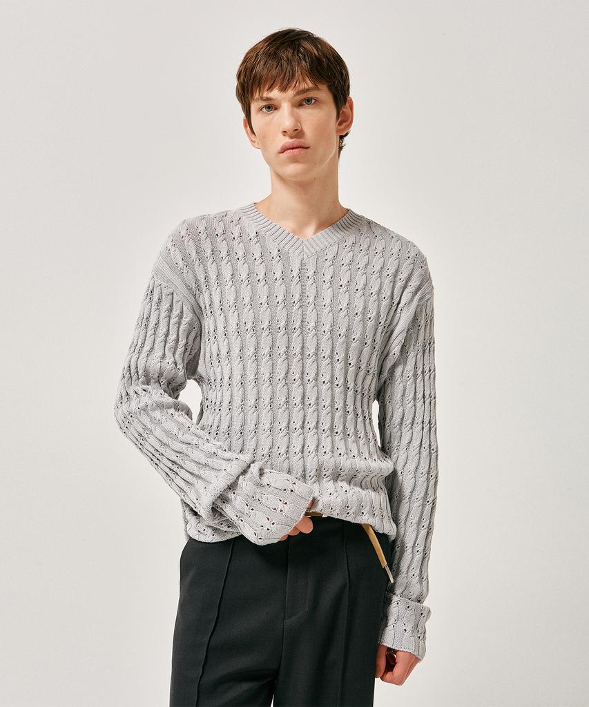 LABELARCHIVE Tobi Cable V-Neck Sweater Cement Gray