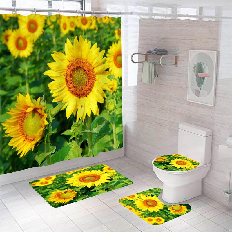 Modern Flowers And Butterfly Waterproof Shower Curtain Set Toilet Seat Cover Bath Nonslip Mat Rug Carpet Bathroom Decor Washable