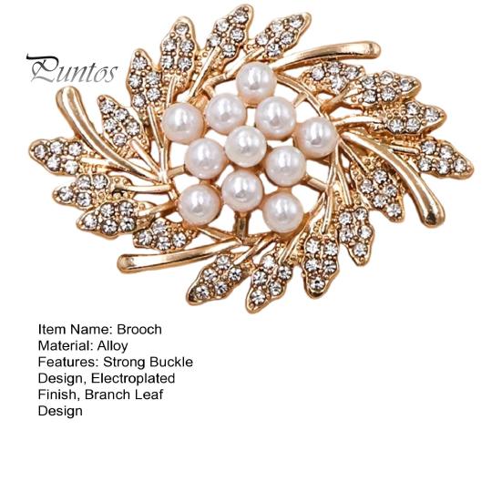 Solid Metal Brooch Flower Branch Brooch, Retro Leaf Design Lapel Pin with Faux Sturdy Jewelry Pearls, Electroplating Anti-Oxidation Badge for