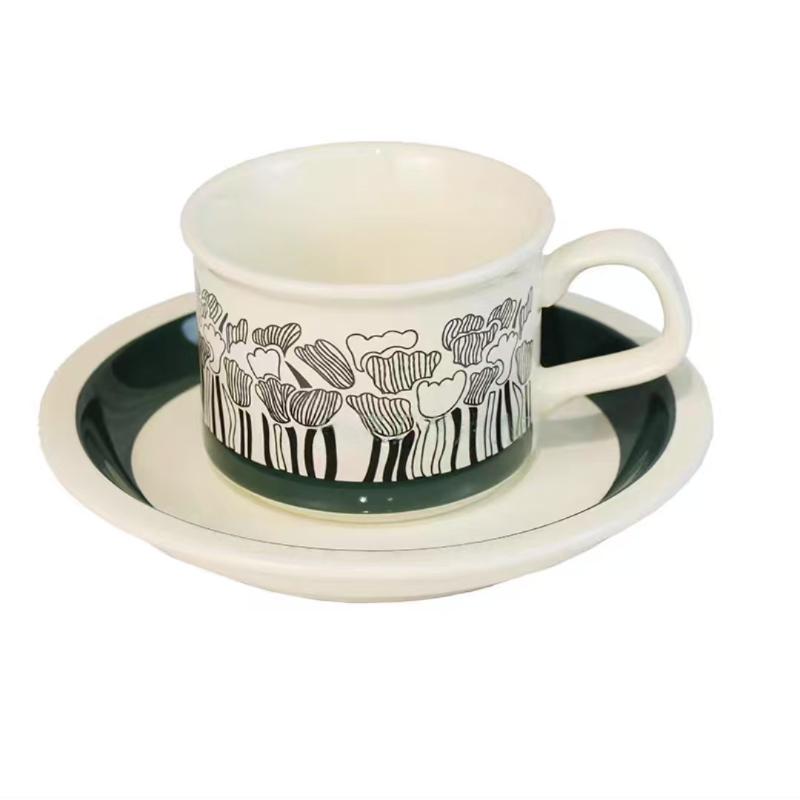 Medieval Flower Vanilla Ceramic Coffee Cup and Saucer Handle Retro Imitation Enamel Mugs Office Home Funny Water Drinkware