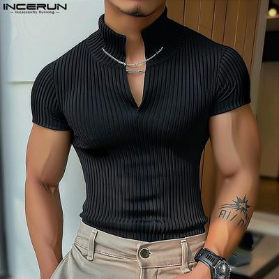 Men Short Sleeve Slim Fit Knitted T Shirts Muscle V Neck Tops