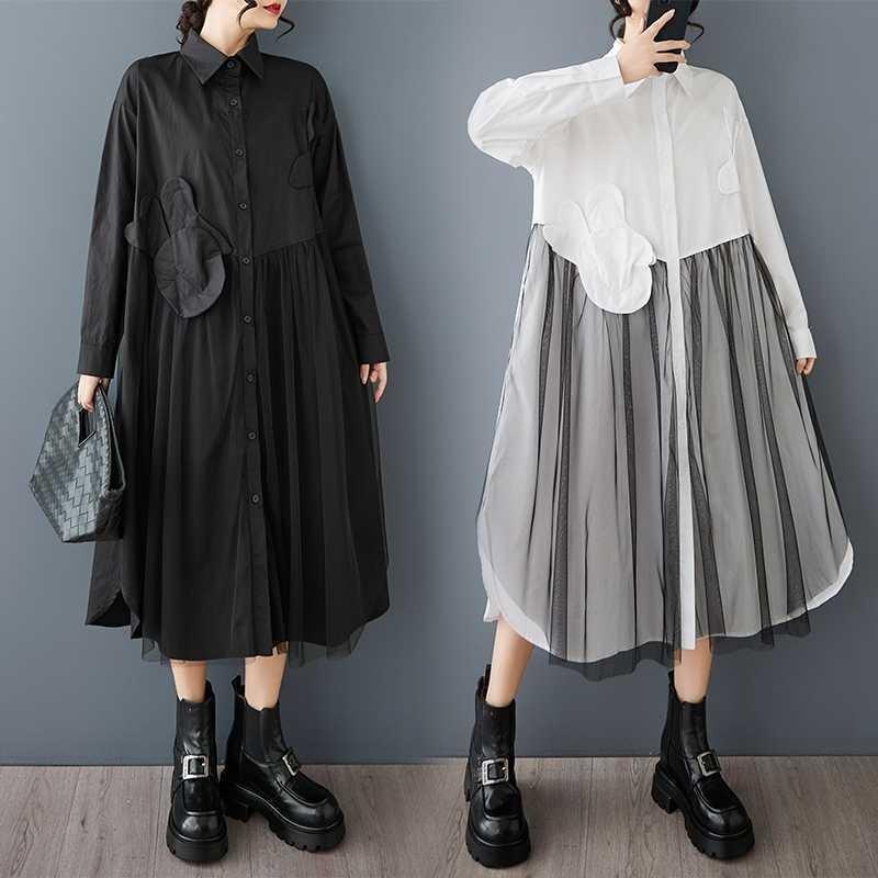 New Mesh Splicing Fashionable Loose Casual Shirt Dress