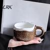 Coconut Shaped Ceramic Mug Vintage Shell Mug, Handmade Irregular Coffee Cup with Spoon, Easy to Clean Glazed Rustic Texture Breakfast Oatmeal Tea for