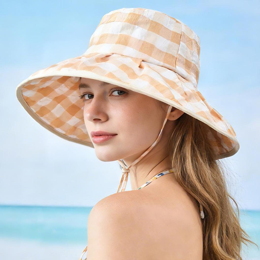 Checkered Wide Brim Bucket Hat for Women, UV Protection Sun Hat with Adjustable Chin Strap, Foldable Outdoor Beach Gardening Cap