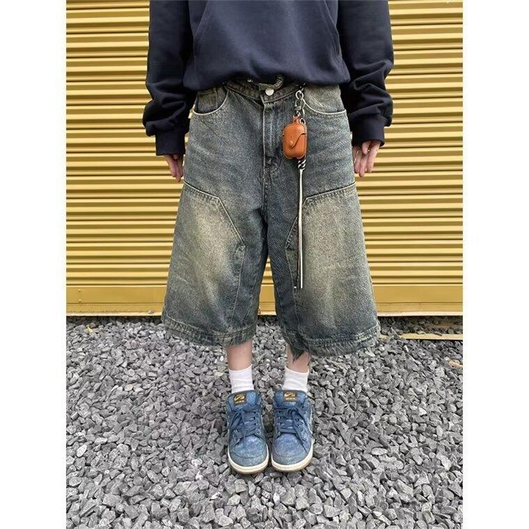 American Retro Washed High Street Denim Shorts Men's and Women's Straight Wide-leg Old Loose Casual Versatile Cropped Pants