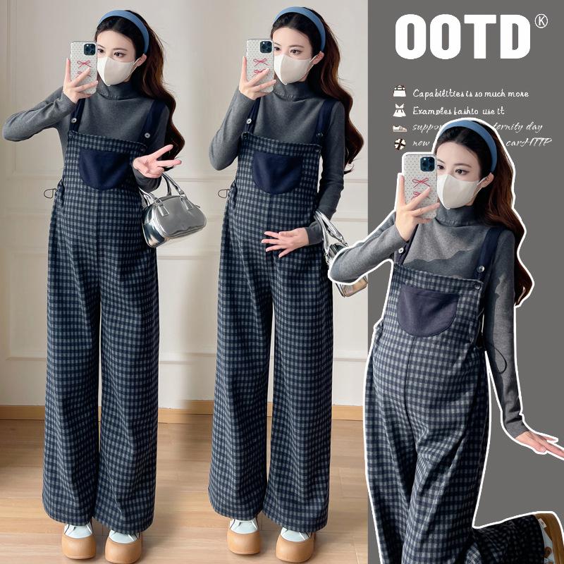 2025 Winter Maternity Knit Plaid Color-Block Slimming Two-Piece Set Medium