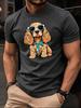Unisex Royal Blue Cotton Tee Cool Spaniel Dog Sunglasses Tie Graphic Short Sleeve Loose Street Top For Pet Loving Young Adult Males