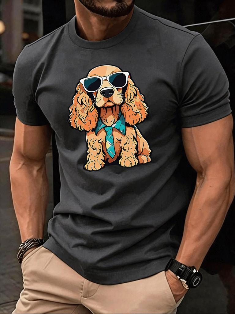 Unisex Royal Blue Cotton Tee Cool Spaniel Dog Sunglasses Tie Graphic Short Sleeve Loose Street Top For Pet Loving Young Adult Males