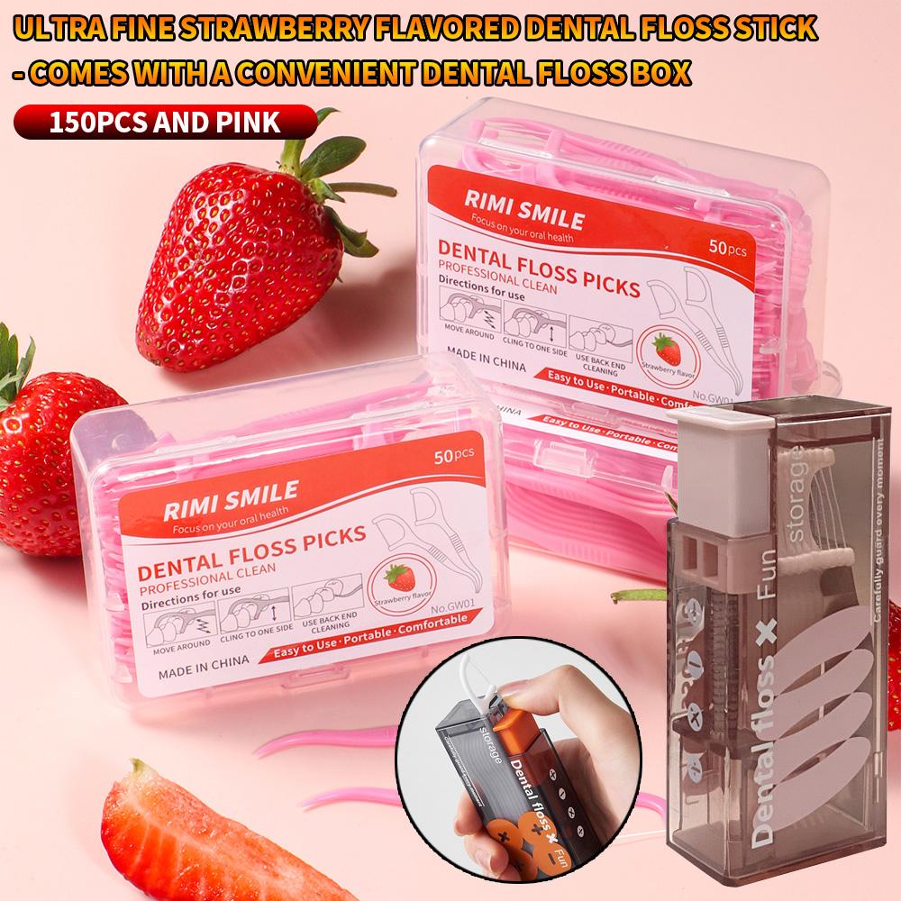 RIMI SMILE 50/150PCS Strawberry Flavor Ultra Fine Dental Floss Picks Disposable Teeth Cleaning Floss Sticks with Portable Floss