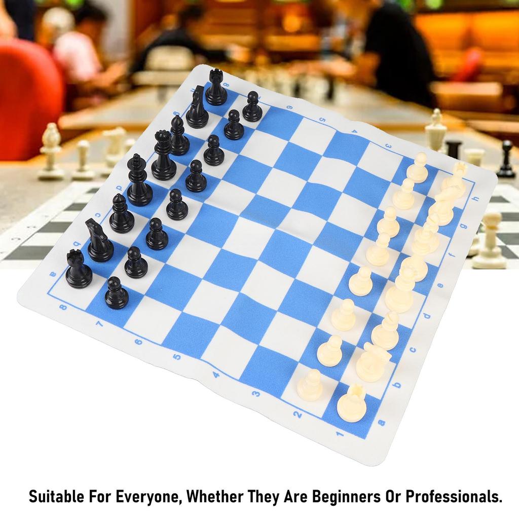 Chess Game Set Plastic 32 Chess Pieces Chessmen with 13.8 Inch PU Leather Blue White Chessboard for Home Travel