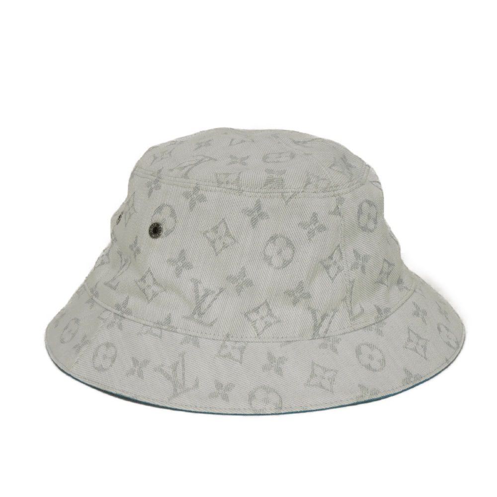 Used 12564 Reversible Bucket Hat M76213 7919 60 Logo Blue Polyester Chapeau Monogram Denim Cotton White Men's from