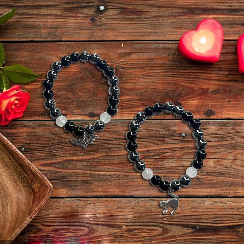 Black Red White Beaded Bracelets with Bat Cat Rose/Guitar Heart Pendant Wrist Chain Bracelet Unique Gifts for Couples