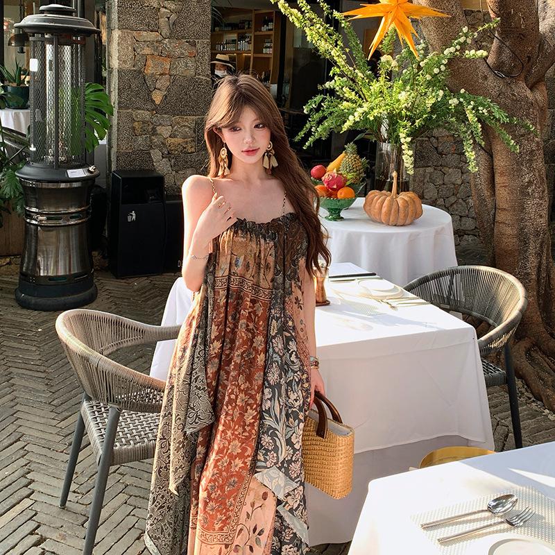 Positioned Print Loose Spaghetti Strap Dress for Women, Summer Bohemian Lazy Vacation Style