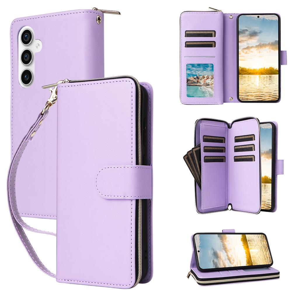 For Samsung Galaxy S25 FE Case 9 Card Slots Zipper Pocket PU Leather Phone Cover with Wrist Strap