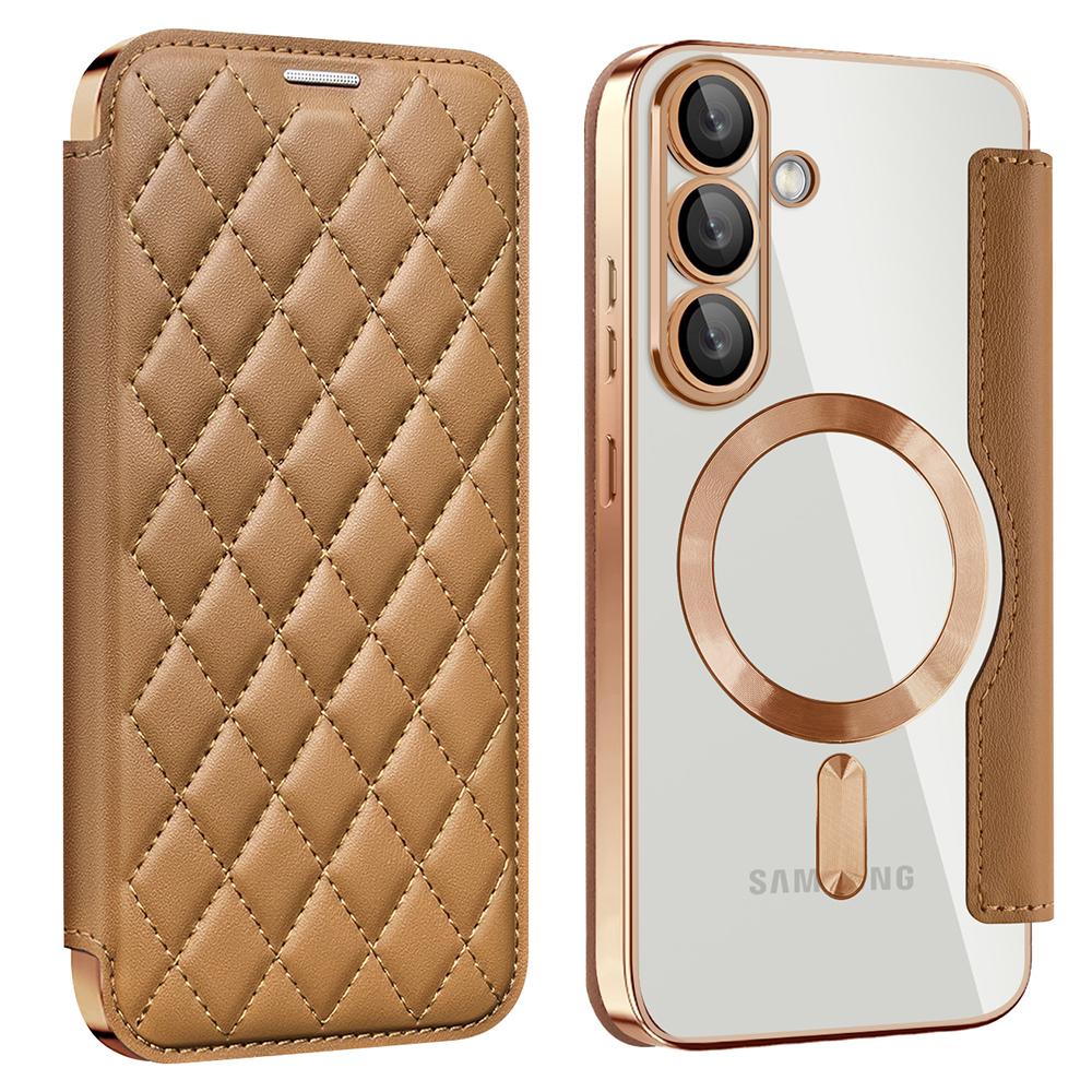 For Samsung Galaxy S25 Case Compatible with MagSafe Rhombus PU Leather Phone Cover