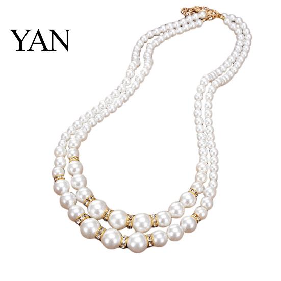 Necklace Adjustable Double-Layer Luxury Faux Pearl Chain Beads for Party Trendy золотистый