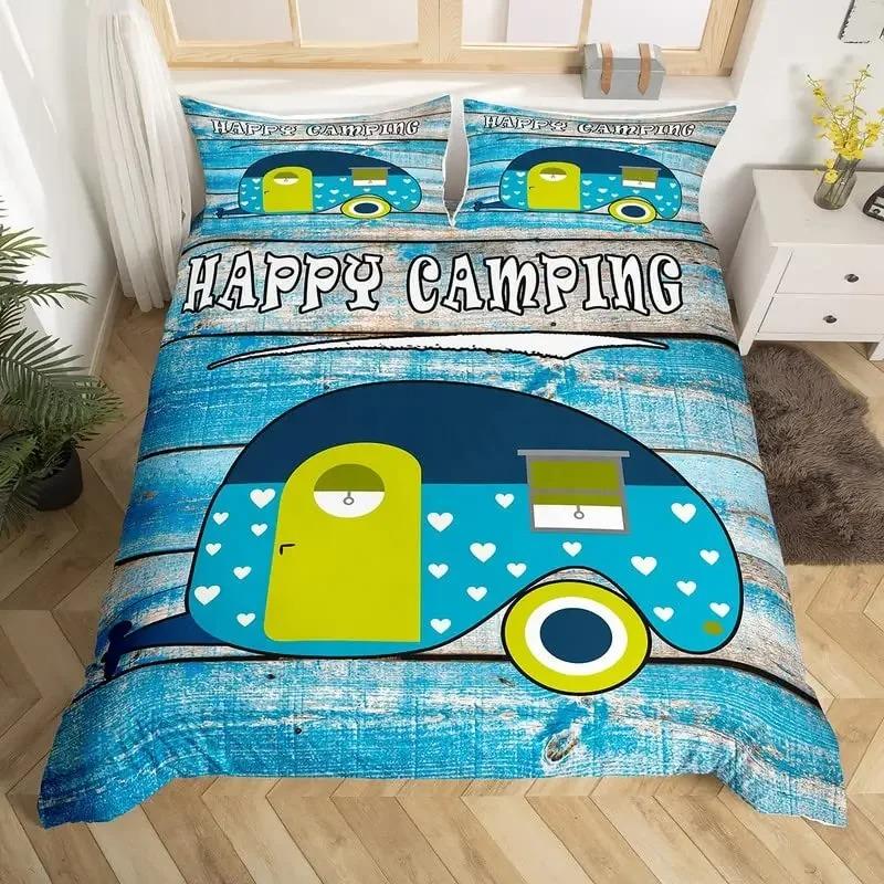 Happy Camping Bedding Set Camper Car Duvet Cover King Queen Microfiber Smoky Mountain Wood Print Quilt Cover Set For Girls Boys