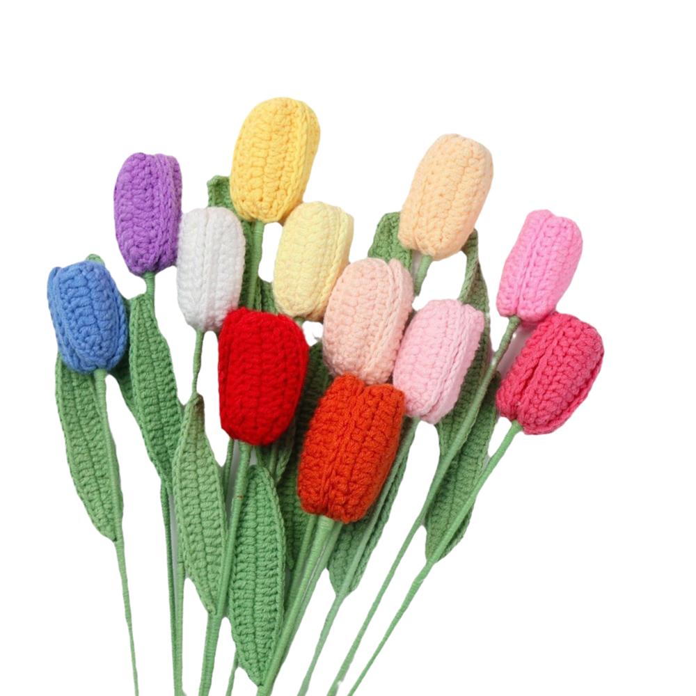 Creative Finished Knitted Tulips Flower Hand-woven Fake Flower Plants Crochet Bouquet  Home Decor